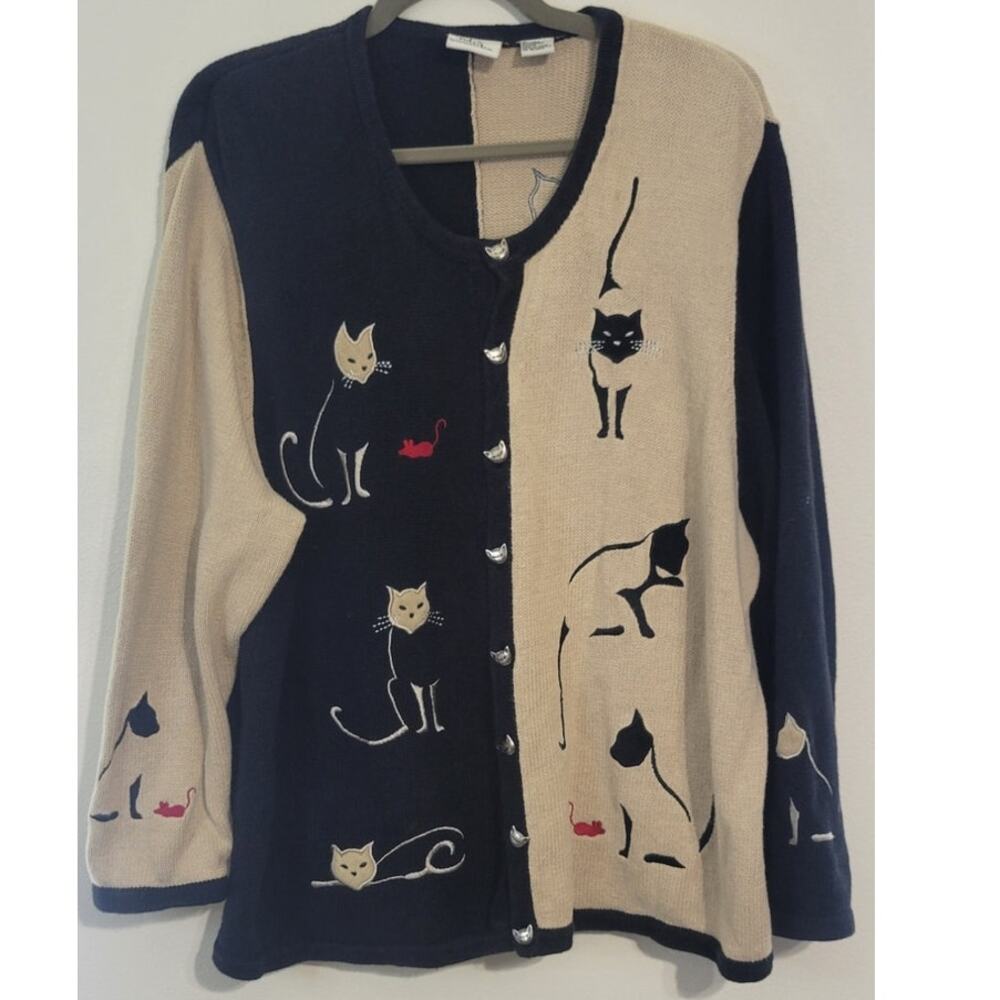 CJ Banks Womens 2X Cat Sweater Cardigan Black & Tan Embroidered Cats Warm Casual